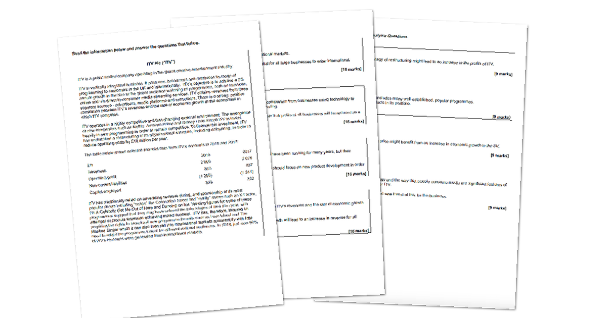 Practice Mini Case Study for AQA ALevel Business Paper 2 ITV plc